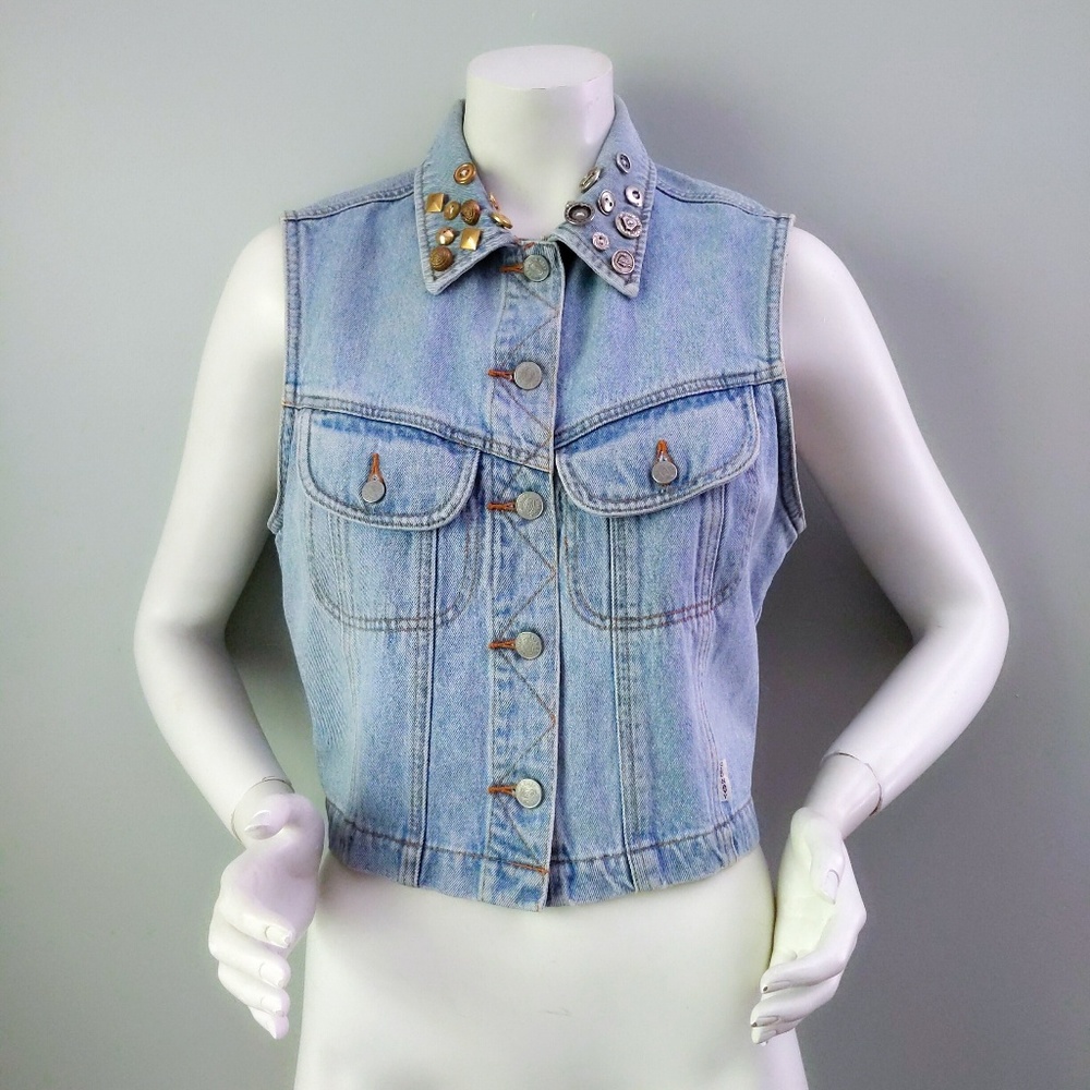 Vintage 90s Old Navy Bespoke OOAK Studded Collar Denim Vest M